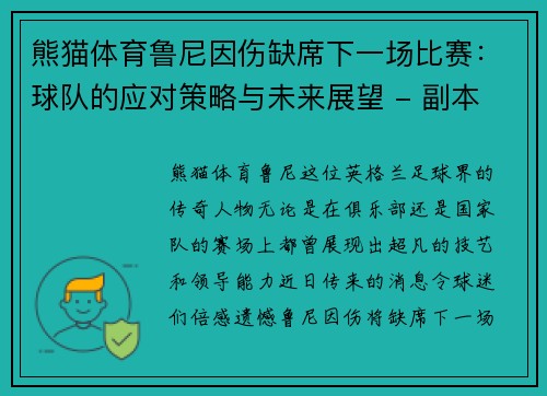 熊猫体育鲁尼因伤缺席下一场比赛：球队的应对策略与未来展望 - 副本