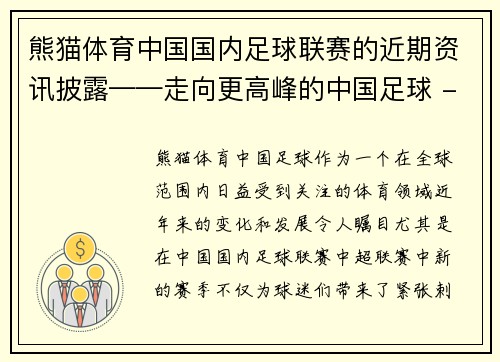 熊猫体育中国国内足球联赛的近期资讯披露——走向更高峰的中国足球 - 副本