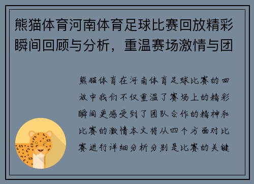 熊猫体育河南体育足球比赛回放精彩瞬间回顾与分析，重温赛场激情与团队合作精神