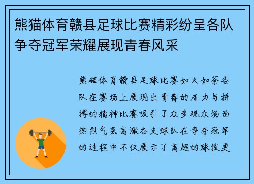 熊猫体育赣县足球比赛精彩纷呈各队争夺冠军荣耀展现青春风采